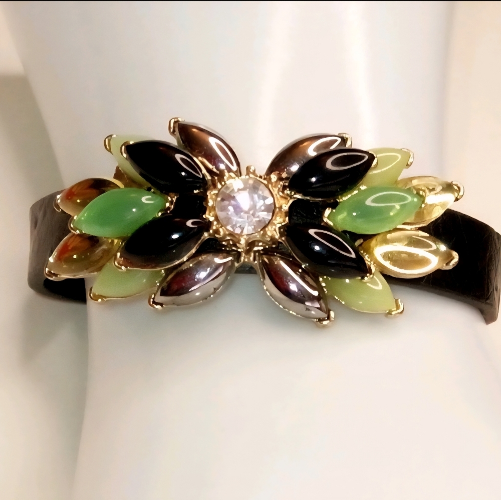 Multicolor Faux Crystal Floral Accent Black Leather Strap Bracelet ~ 8"